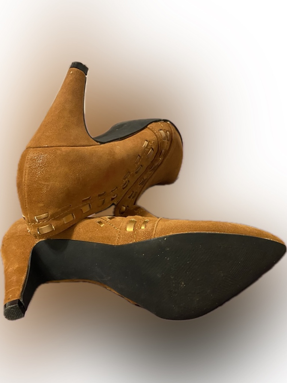 Pointed Suede Ankle Booties with Decorative Cutouts in Tan - Picture 16 of 16